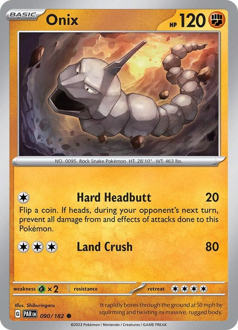 Pokémon Paradox Rift Onix 90 card, single Pokémon trading card featuring Onix with detailed artwork and vibrant design.