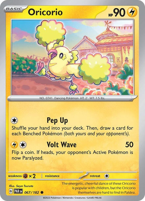 Paradox Rift Oricorio Pokémon singles card, featuring vibrant illustration of the bird Pokémon in dynamic pose.