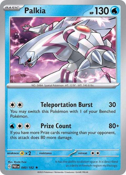 Pokémon Paradox Rift Palkia 40 card from the Singles series, featuring artwork of the legendary Dragon and Water-type Pokémon.