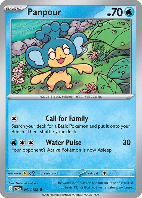 Pokémon Paradox Rift Panpour card from the Singles series, featuring artwork of the Water-type Pokémon Panpour.
