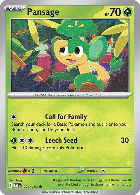 Pokémon Paradox Rift Pansage card, singles version, featuring detailed artwork of the grass-type Pokémon.