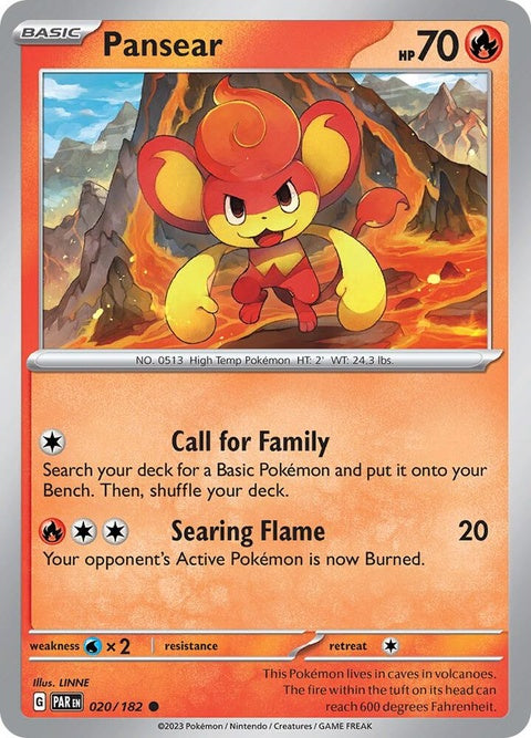 Pokémon Paradox Rift Pansear single card, detailed illustration featuring fiery monkey Pokémon from the Pokémon TCG.
