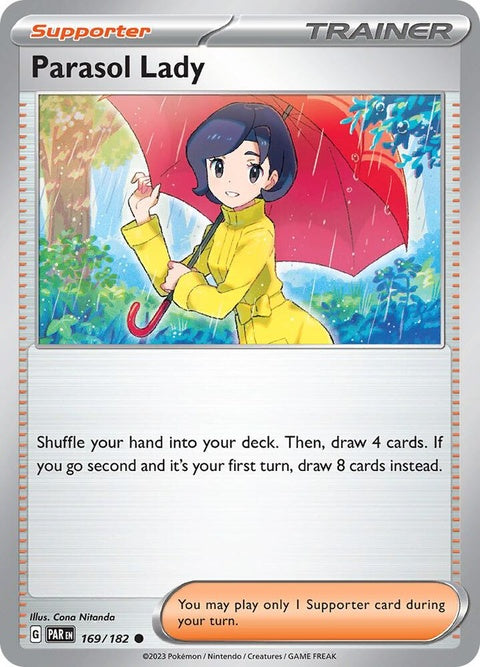 Pokémon Paradox Rift Parasol Lady Pokémon card featuring a character with a parasol, vibrant artwork, and detailed design.