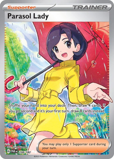 Pokémon Paradox Rift Parasol Lady Singles card featuring artwork of a stylish female character with parasol, vibrant colors and dynamic pose