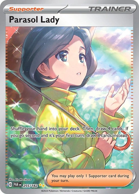 Pokémon Paradox Rift Parasol Lady singles card featuring artwork of a stylish female character with a parasol, vibrant colors.