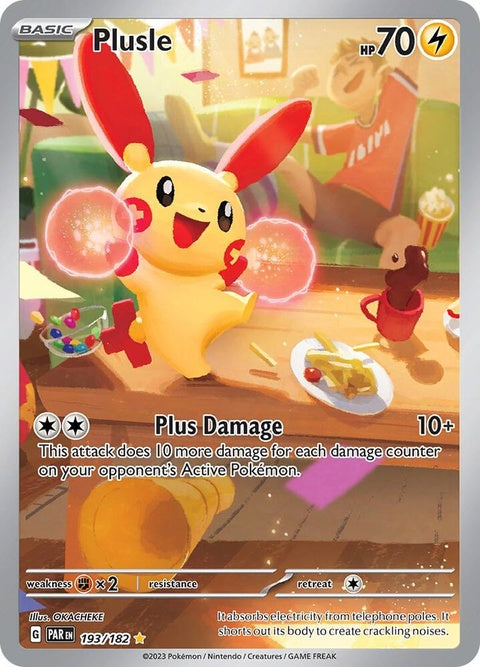 Pokémon Paradox Rift Plusle 193, a single card featuring the electric-type Pokémon in detailed artwork.