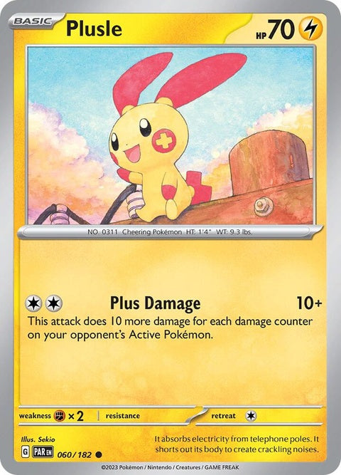 Pokémon Paradox Rift Plusle trading card from the Singles series, featuring vibrant artwork and detailed card design