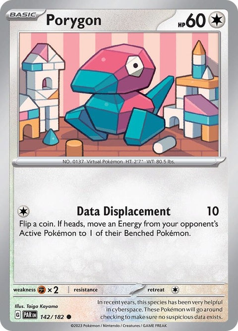 Pokémon Paradox Rift Porygon 142 collectible card featuring Porygon in a dynamic pose on a vibrant background.