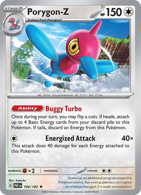 Pokémon Paradox Rift Porygon-Z 144-card from the Singles collection, featuring the digital Pokémon in dynamic artwork.