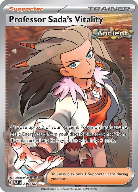 Pokémon Paradox Rift Professor Sada's Vitality singles card displaying artwork and game details.