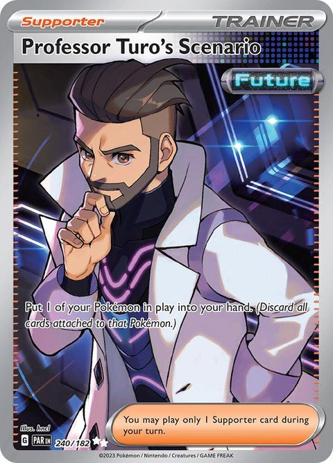 Pokémon Paradox Rift Professor Turo's Scenario singles card, featuring vibrant artwork and detailed design.