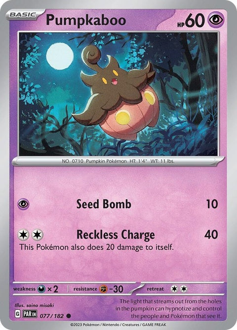 Pokémon Paradox Rift Pumpkaboo 77, a single card featuring the ghostly pumpkin Pokémon from the Pokémon TCG.