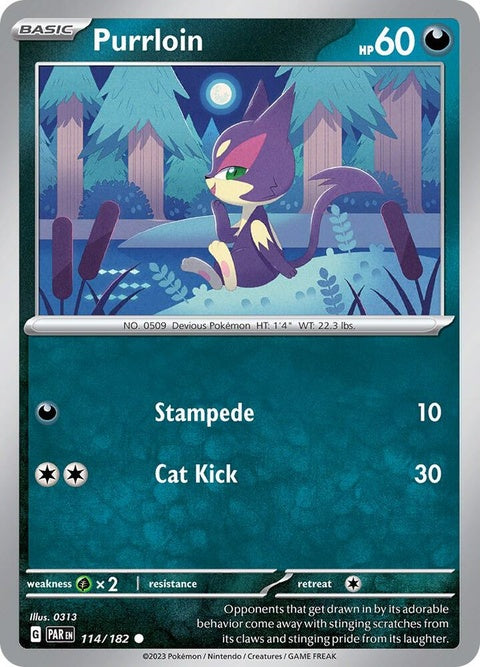Pokémon Paradox Rift Purrloin 114 single card featuring a purple feline Pokémon with sleek design and dynamic background.