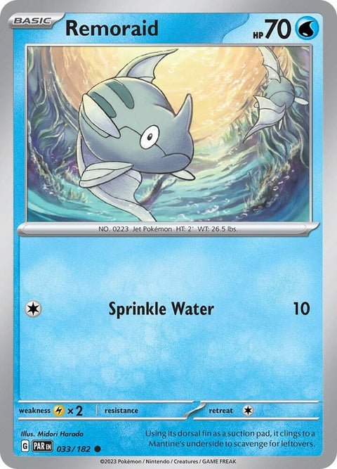 Pokémon Paradox Rift Remoraid card from Singles set, featuring detailed illustration of the aquatic Pokémon.