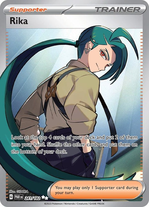 Pokémon Paradox Rift Rika singles card featuring detailed artwork of Rika from the Paradox Rift series.