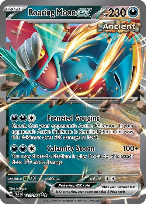 Pokémon Paradox Rift Roaring Moon-Ex single card showing vibrant artwork and detailed design on a white background.