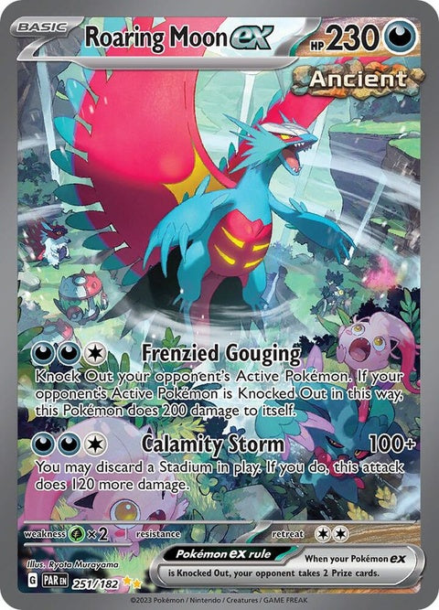 Pokémon Paradox Rift Roaring Moon EX card, showcasing a dynamic Pokémon with vibrant colors and detailed artwork.