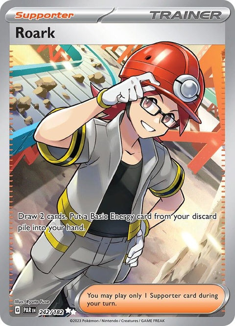 Pokémon Paradox Rift Roark 242 singles card featuring Roark in a dynamic pose with vibrant artwork and game details.