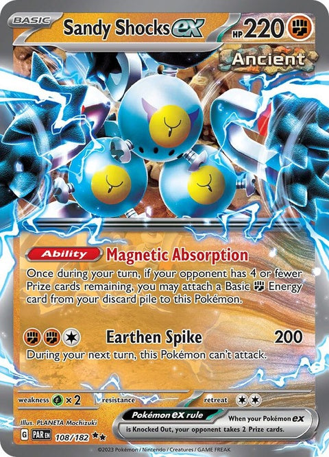 Pokémon Paradox Rift Sandy Shocks EX single card, detailed illustration, vibrant colors, part of the Pokémon TCG collection.