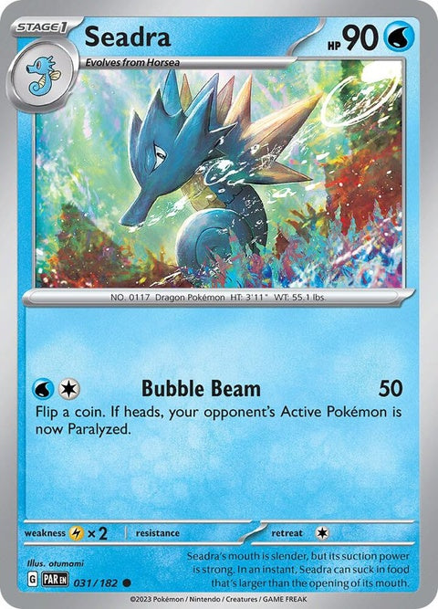 Pokémon Paradox Rift Seadra 31 single card featuring a detailed illustration of a blue seahorse Pokémon.