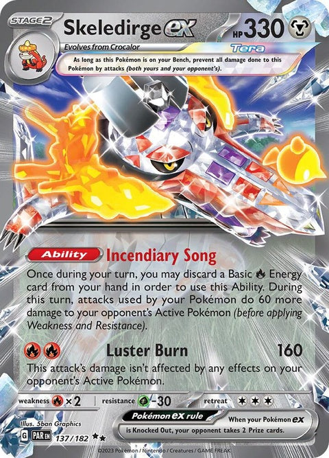 Pokémon Paradox Rift Skeledirge EX single card featuring Skeledirge in dynamic artwork, from the Pokémon trading card game.
