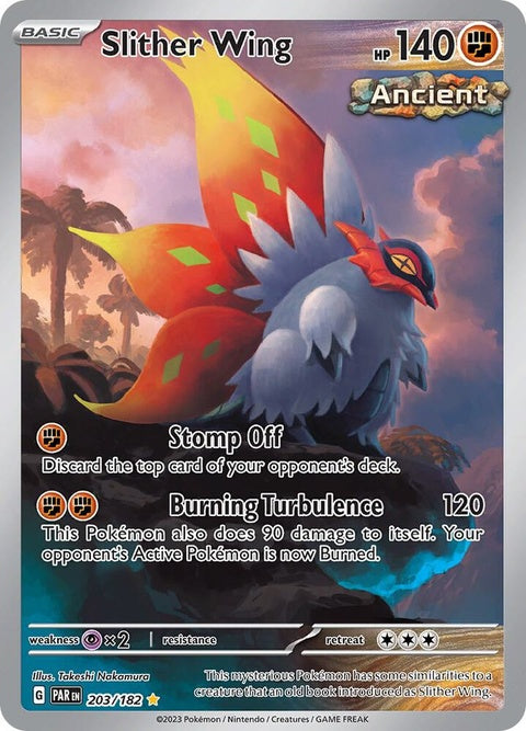 Pokémon Paradox Rift Slither Wing 203 singles card featuring a fierce, colorful dragon-like Pokémon with vibrant wings.
