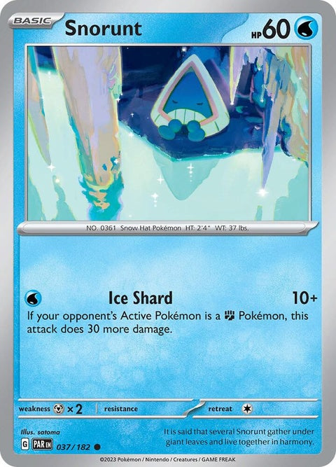 Pokémon Paradox Rift Snorunt, a single-card from the Paradox Rift series, featuring detailed artwork of the Ice-type Pokémon.