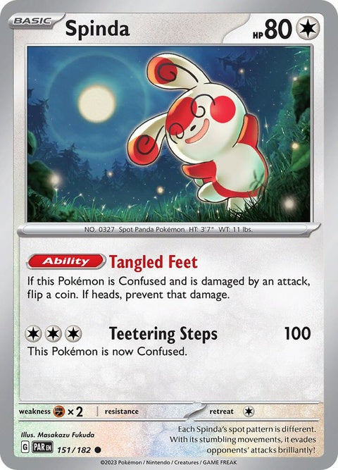 Pokémon Paradox Rift Spinda 151 single card featuring Spinda with colorful, swirling patterns and unique design.