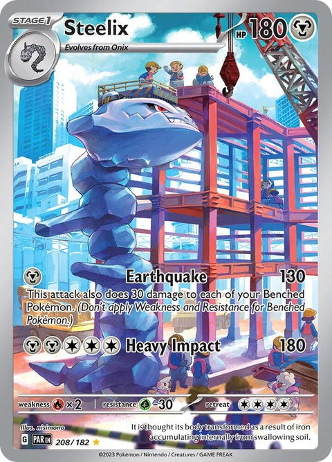 Pokémon Paradox Rift Steelix card from the Singles set, featuring detailed artwork of the Steelix Pokémon.
