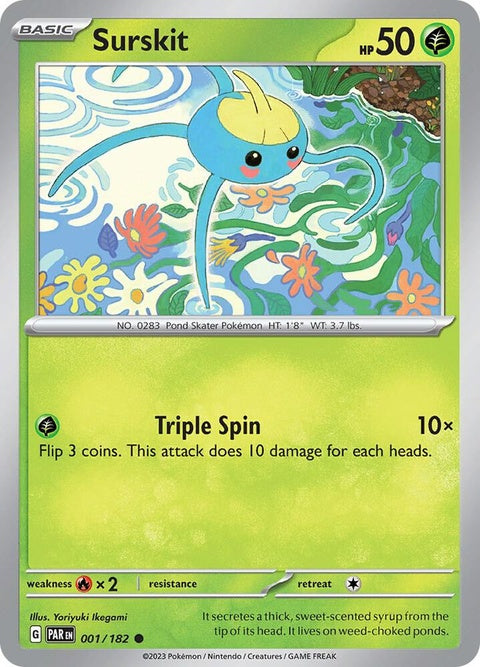 Pokémon Paradox Rift Surskit single card featuring artwork of the Water/Bug-type Pokémon from the Pokémon trading card game.