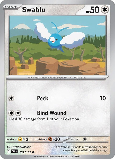 Paradox Rift Swablu Pokémon card featuring artwork of a blue bird with fluffy wings from the Pokémon trading card game.