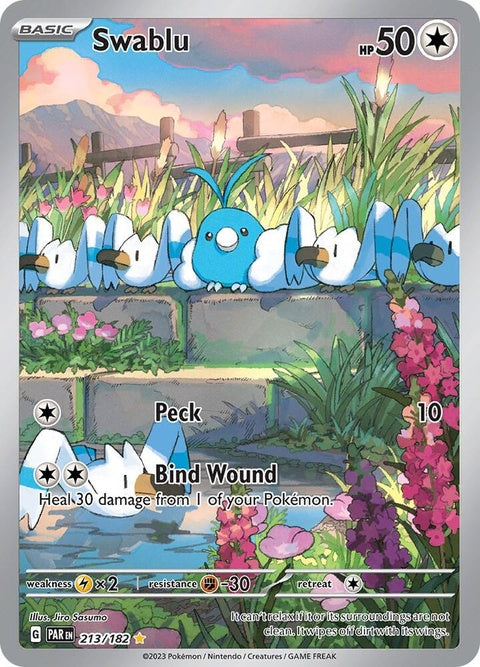 Pokémon Paradox Rift Swablu card from Singles series, featuring detailed artwork of the bird Pokémon with a vibrant background.