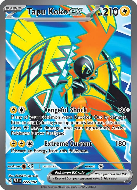 Pokémon Paradox Rift Tapu Koko EX card from the Singles series featuring artwork of the electric Pokémon Tapu Koko.