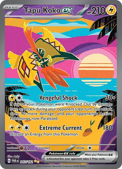 Pokémon Paradox Rift Tapu Koko EX trading card from the singles collection, featuring vibrant artwork and Pokémon branding.