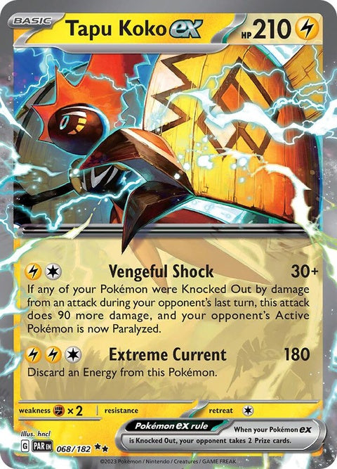 Pokémon Paradox Rift Tapu Koko EX single card featuring vibrant artwork of the Electric/Fairy Pokémon.