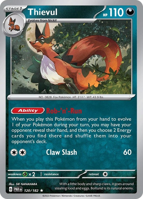 Pokémon Paradox Rift Thievul 120-card single featuring a detailed illustration of the dark fox Pokémon.