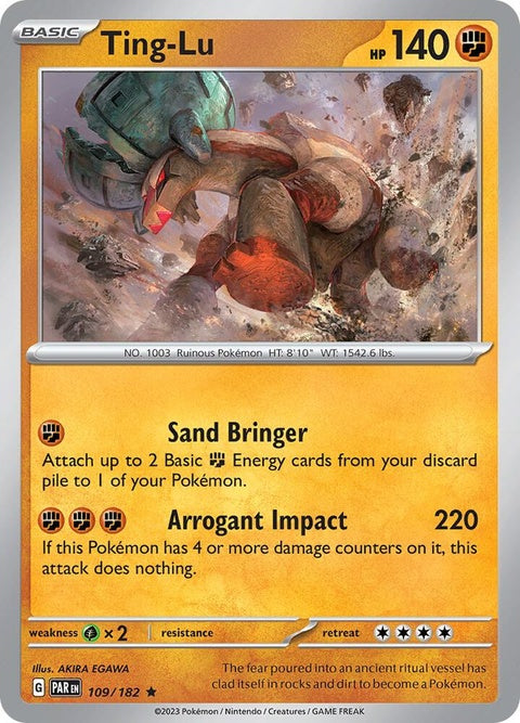 Pokémon Paradox Rift Ting-Lu single card featuring artwork of a mysterious legendary Pokémon from the Paradox Rift series.