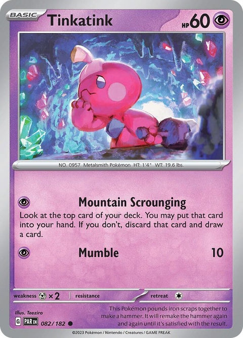Pokémon Paradox Rift Tinkatink single card featuring artwork of a Tinkatink Pokémon in vibrant colors.