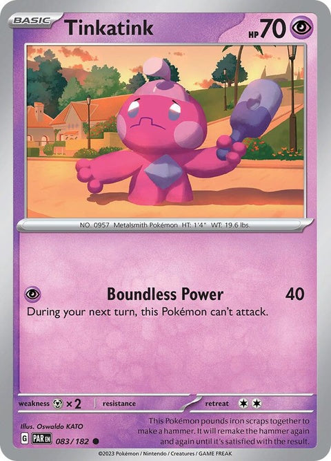 Pokémon Paradox Rift Tinkatink single card featuring Tinkatink in a dynamic pose with vibrant artwork.
