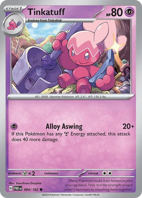 Pokémon Paradox Rift Tinkatuff 84 single card featuring Tinkatuff in vibrant colors and detailed artwork.
