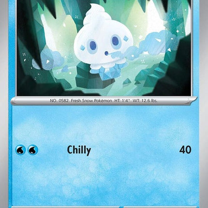 Pokémon Paradox Rift Vanillite 43 single card showing Vanillite Pokémon with icy blue design and holographic details.