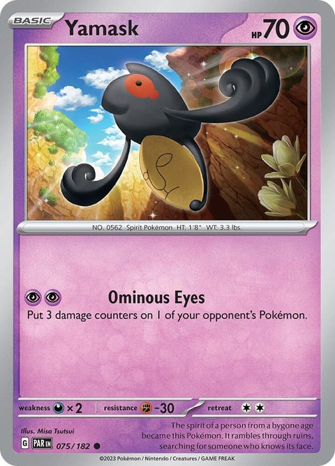 Pokémon Paradox Rift Yamask 75 card from the Singles collection, featuring detailed artwork of the Ghost-type Pokémon.