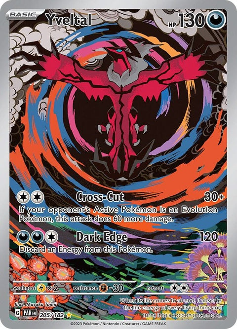 Pokémon Paradox Rift Yveltal 205 trading card, featuring artwork of the legendary bird Pokémon Yveltal in dynamic pose.
