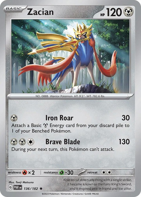 Pokémon Paradox Rift Zacian card from the Singles set, featuring a detailed illustration of the Legendary Pokémon Zacian.