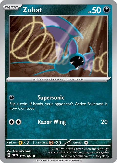Pokémon Paradox Rift Zubat card, a single from the Pokémon trading card game, featuring a detailed illustration of Zubat.