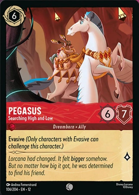 Disney Lorcana Pegasus Searching High And Low single card featuring a majestic Pegasus in a vibrant fantasy scene.