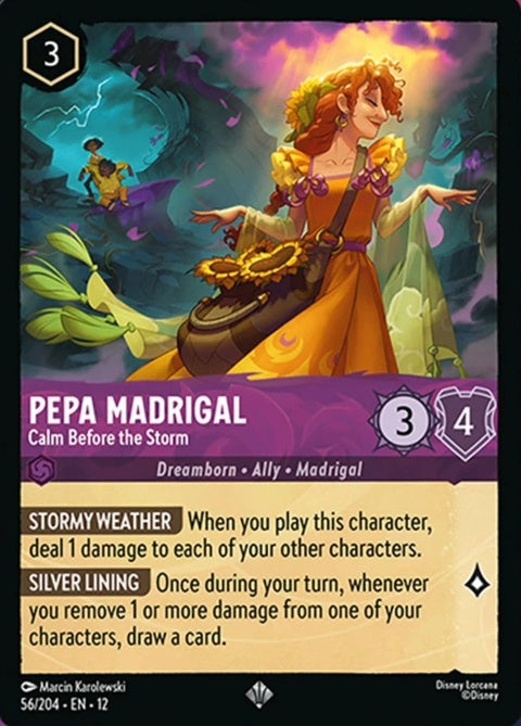 Disney Lorcana Pepa Madrigal singles card titled Calm Before The Storm, featuring Pepa in a colorful scene.