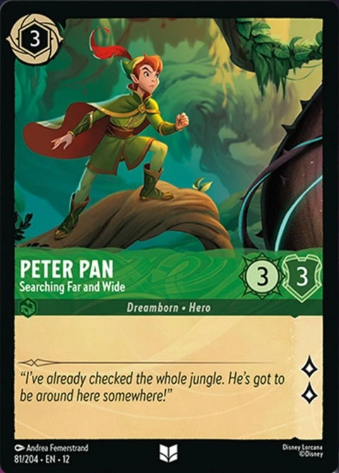 Disney Lorcana Peter Pan single card featuring Peter Pan searching far and wide from the Searching Far And Wide set.
