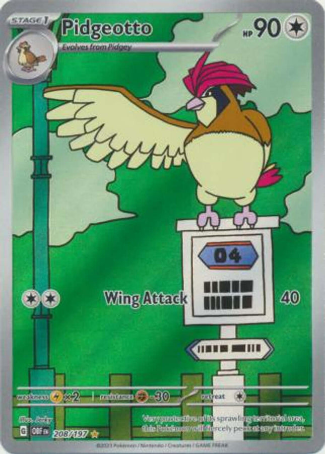 Illustration of Pidgeotto 208/197 rare card from Obsidian Flames Pokémon set by KTM Collectibles UK.
