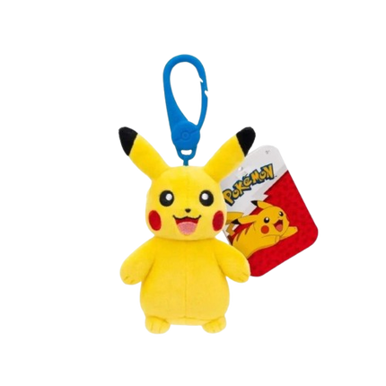 Plush keychain of Pikachu with a blue clip and red pouch on a white background
